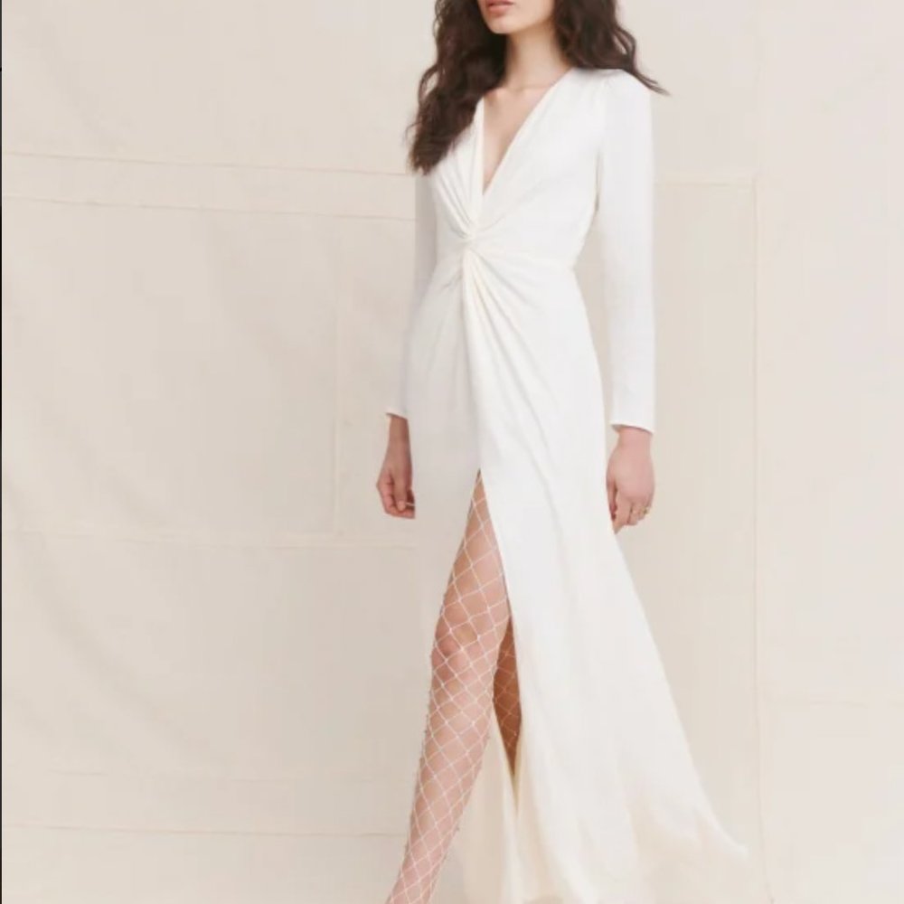 Reformation Gatsby Dress - Ivory Long Sleeve Bridal Crepe, Size 4